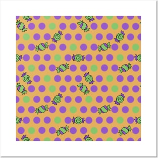 Polka Dots and Scattered Candy - Halloween Pattern - Bright Colors Posters and Art